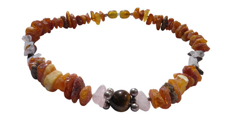 Produktbild von Bernsteinkette für den Hund mit Rosenquarz und Tigerauge Länge 31cm