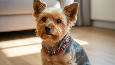 Produktbild von Bernsteinkette für den Hund mit Sugilith und Koralle Länge 25cm