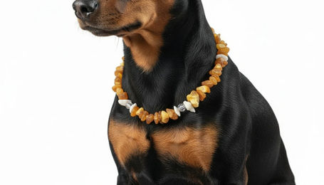 Produktbild von Bernsteinkette für den Hund mit Swari und Muscheln Länge 23 cm