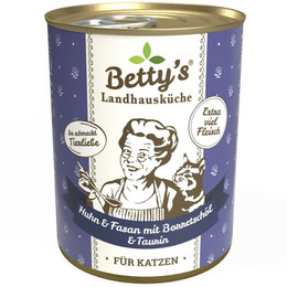 Produktbild von Betty's Landhausküche Katzenfutter Huhn & Fasan mit Borretschöl - 6 x 800 g