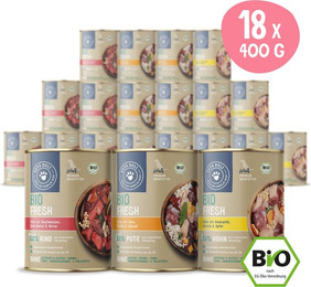 Produktbild von Bio Nassfutter für Hunde mit Rind, Huhn und Pute - 18 x 400 g
