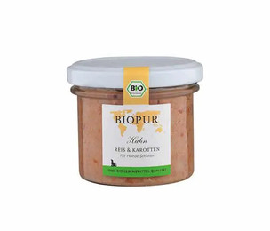 Produktbild von Biopur Bio Nassfutter für Hunde mit Huhn, Reis & Karotten - 12 x 100 g