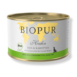 Produktbild von BIOPUR Nassfutter Bio Huhn, Reis & Karotten Welpen - 12 x 400 g