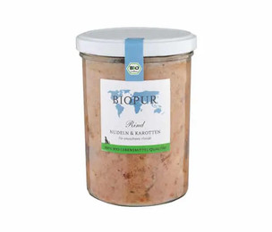 Produktbild von Biopur Nassfutter für Hund Bio Rind, Nudeln und Karotten im GLAS 370g