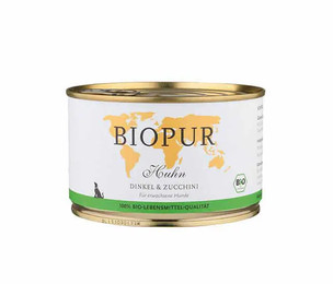 Produktbild von BIOPUR Nassfutter für Hunde Bio Huhn Dinkel & Zucchini - 12 x 200 g