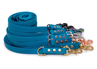 Produktbild von Biothaneleine Petrol - 13mm - 2m verstellbar mit rosegoldenem Bolzenkarabiner