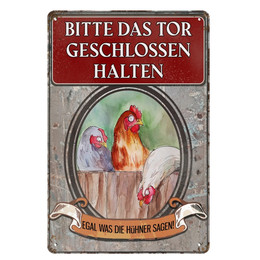 Produktbild von Blechschild Vintage - Hühner "BITTE DAS TOR GESCHLOSSEN HALTEN"