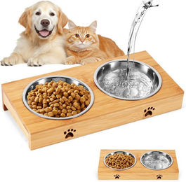 Produktbild von BlingBin Futternapf Doppelnapf Futterstation für Katzen Hunde, Futterständer für Haustiere, Edelstahl, spülmaschinenfest, Bambus Napfbar, Natur/Silber