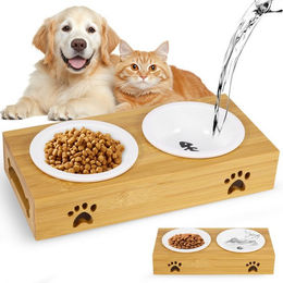 Produktbild von BlingBin Futternapf Doppelnapf Futterstation für Katzen Hunde, Futterständer für Haustiere, Keramik, 2x Keramik Napf, je 200ml, spülmaschinenfest,Bambus Napfbar,Natur/weiß