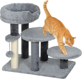 BlingBin Haustiertreppe 2 in 1 Katzentreppe, mit Kratzbaum, Ball, Tiertreppe (1er Set, 1-St., 60cm x 40cm x 56cm), Breite Basis, Plüschstoff, Sisalkratzsäule, für Katzen bis 6 kg, Grau – Bild 1 von 5