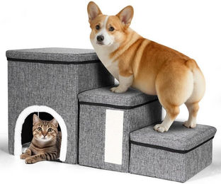 Produktbild von BlingBin Haustiertreppe 3 Stufen Klappbar Treppe mit Katzenhöhle, Hundetreppe, Katzentreppe (1er Set, 1-St., 33 x 76 x 42 cm), Faltbare rutschfeste Hunderampe für Welpe, Katzen, oder Kleiner