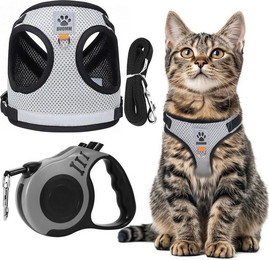 Produktbild von BlingBin Katzen-Geschirr Katzengeschirr mit Leine Verstellbar Ausbruchsicher Katzengarnitur, Doppellagiges Polyesternetz, Harness Katzenweste Softgeschirr für Katzen mit Katzenleine 5m
