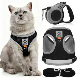 Produktbild von BlingBin Katzen-Geschirr Katzengeschirr mit Leine Verstellbar Ausbruchsicher Katzengarnitur, Doppellagiges Polyesternetz, Harness Katzenweste Softgeschirr für Katzen mit Katzenleine 5m