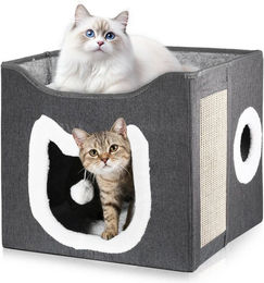 BlingBin Katzenhaus Katzenhöhle, Katzenhaus, inkl. Spielball, waschbares Kissen, 2 Schicht, mit Kratzbrett und Spielball, katzenbett für 2 Katzen – Bild 1 von 5