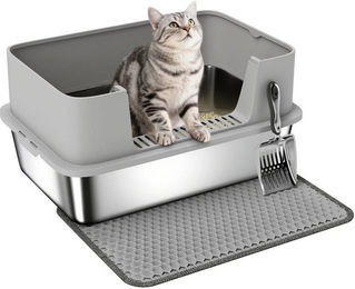 BlingBin Katzentoilette Edelstahl Offene Katzenklo mit Schaufel hohem Rand Matte, Katzenklo ohne Deckel für Katzen bis 7 kg, 60,2 x 40,2 x 29,5 cm, Grau – Bild 1 von 5