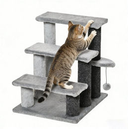 Produktbild von BlingBin Kratzbaum Katzentreppe 3-stufige Haustiertreppe mit Kratzsäulen Ball, Hundetreppe Tiertreppe für Katzen bis 5 kg Plüsch Jute Grau 45x40x48cm