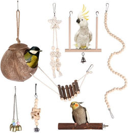 BlingBin Vogelspielplatz 7-teiliges Holzpapageienspielzeug, Vogelspielzeug, mit Leiter,Vogelkäfig Zubehör,Stehsitzstange, Hängematte,Kletterleiter – Bild 1 von 5