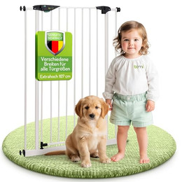Produktbild von bomi Türschutzgitter Extrahoch 107 cm - Mira 73-161 cm in Weiß für Hunde & Katzen XXXL