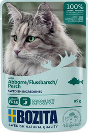 Produktbild von Bozita Häppchen in Gelee 85 Gramm Katzennassfutter Sparpaket 24 x 85 Gramm mit Flussbarsch