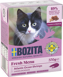Produktbild von Bozita Häppchen in Soße 370 Gramm Katzennassfutter Sparpaket 32 x 370 Gramm mit Garnelen