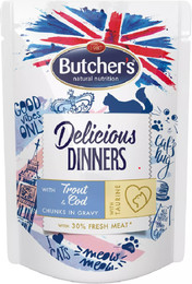 Produktbild von BUTCHER'S Classic Delicious Dinners mit Forelle und Kabeljau in Sauce 100 g