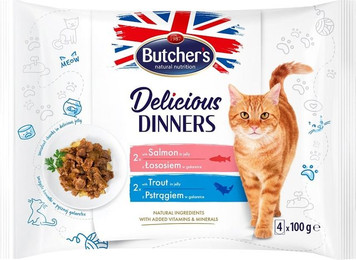 Produktbild von BUTCHER'S Delicious Dinners Gelee-Stücke für ausgewachsene Katzen mit Lachs und Forelle - 32 x 100 g