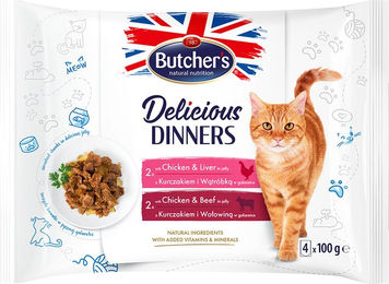 Produktbild von Butcher's Delicious Dinners Katze Mix Huhn & Leber, Huhn & Rind - 32 x 100 g