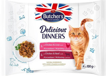 Produktbild von Butcher's Delicious Dinners Katze Mix Huhn & Leber, Huhn & Rind - 64 x 100 g