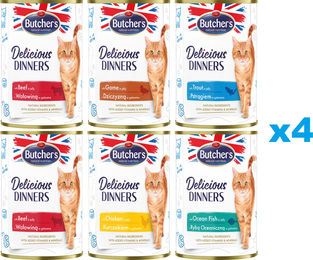 Produktbild von BUTCHER'S Delicious Dinners Mix in Gelee 24x400g mit Huhn Wilde Forelle Seefisch und Rind