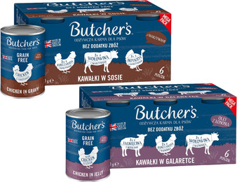 Produktbild von BUTCHER'S MIX Geschmacks 12x400 g in Sauce (mit Rind, Pute und Huhn), in Gelee (mit Rind, Lamm und Huhn)