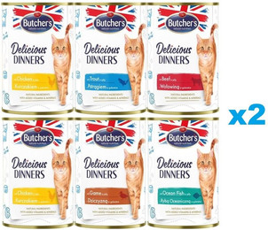 Produktbild von BUTCHER'S Nassfutter Mix in Gelee mit Huhn Wilde Forelle Seefisch Rind 12x400g