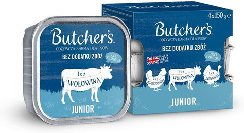 Produktbild von BUTCHER'S Original Junior Gemischte Geschmacksrichtungen Hühner-, Rinder- und Putenpastete für Welpen - 4 x 150 g