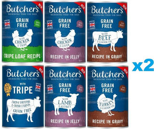 Produktbild von BUTCHER'S Original Mix : in Sauce (Rind, Pute) in Gelee (Huhn, Lamm) Pastete (Pansen, Huhn und Pansen) 12x400g