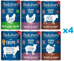 Produktbild von BUTCHER'S Original Mix: in Sauce (Rind, Pute) in Gelee (Huhn, Lamm) Pastete (Pansen, Huhn und Pansen) 24x400g