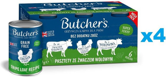 Produktbild von BUTCHER'S Original Tripe Nassfutter Mix Geschmacks Pastete mit Pansen, Huhn und Rind für Hunde 24x400 g