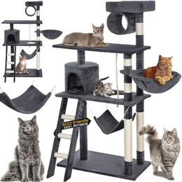 BAKAJI Kratzbaum für Katzen aus Sisal und Plüsch mit hängender Höhle in Grau 142 x 74,5 x 40 cm – Bild 1 von 1