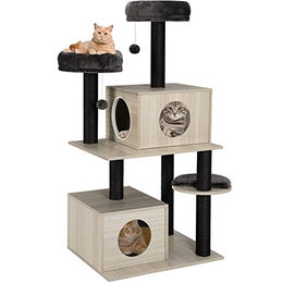 BAKAJI Kratzbaum für Katzen mit 2 Betten und 2 Kugeln in Bicolor Beige und Grau – Bild 1 von 1