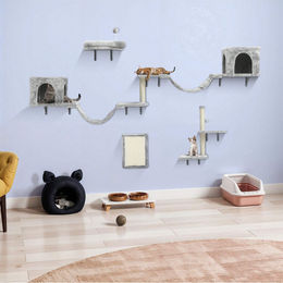 BALCONERA Katzenkletterwand 8er Set aus Plüsch mit Kratzbäumen, Katzenhaus, Brücke und Treppe in Hellgrau – Bild 1 von 1