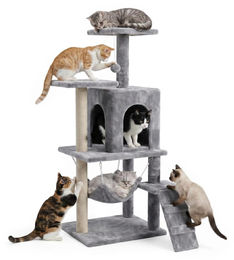 BE-Active Kratzbaum für Katzen mit Katzenhöhle und Hängematte, 138 cm hoher Spielbaum in Grau aus Plüsch mit 4 Ebenen – Bild 1 von 6
