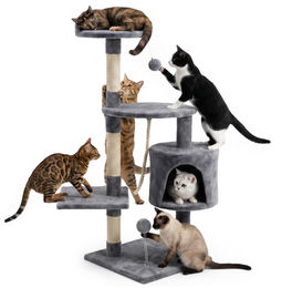 BE-ACTIVE.PL Kratzbaum für Katzen 110 cm Grau mit Häuschen und Spielzeug aus Plüsch und Sisal – Bild 1 von 2