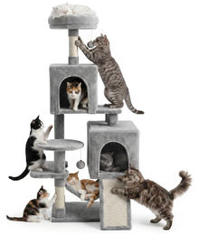 BE-ACTIVE PL Kratzbaum für Katzen in Grau mit 7 Ebenen, 2 Katzenhäusern, Hängematte und Spielzeug, 135 cm Höhe – Bild 1 von 6
