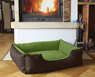 BedDog Hundebett LUPI Hundekissen für kleine Hunde mit abziehbarem waschbarem Veloursbezug Größe S Braun-Grün – Bild 1 von 6
