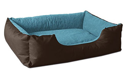 BedDog Hundebett LUPI Hundekissen für kleine Hunde mit abziehbarem waschbarem Veloursbezug S Braun-Blau – Bild 1 von 9