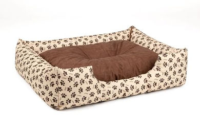 BedDog Hundebett Mimi Hundesofa aus Microfaser-Velours in Beige-Braun mit Pfotenmuster Größe M - 1 Stk. – Bild 1 von 5