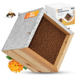 BEESI Bienenhotel Insektenhotel aus Holz mit Metalldach und 600 Pappen-Nisthülsen 6 und 8 mm Durchmesser Braun – Bild 1 von 13