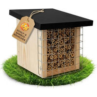 Produktbild von BEESI Insektenhotel aus Holz mit Multiplex-Dach, Bambus und Schilf sowie Vogelschutz-Gitter in Braun
