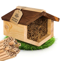 Beesi Insektenhotel aus Holz mit wetterfestem Holzdach und Bambus Nisthülsen Braun – Bild 1 von 11