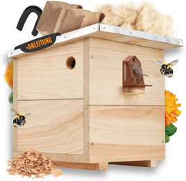 BEESI Insektenhotel Hummelhaus groß aus Holz mit Vorbau und Wachsmottensperre inkl. Kapok und Holzspänen Braun 32 x 26,8 x 31,5 cm – Bild 1 von 5