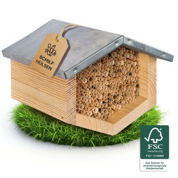 BEESI Premium Insektenhotel aus FSC-zertifiziertem Holz mit Schilf-Röhrchen und wetterfestem Metalldach in Natur Braun – Bild 1 von 13