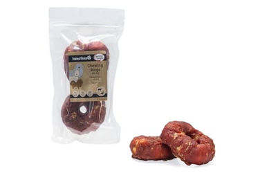 Beeztees Kausnack Rinderhautring mit Ente für Hunde ohne Zucker und Farbstoffe 2 Stück 7,5 cm Durchmesser – Bild 1 von 2